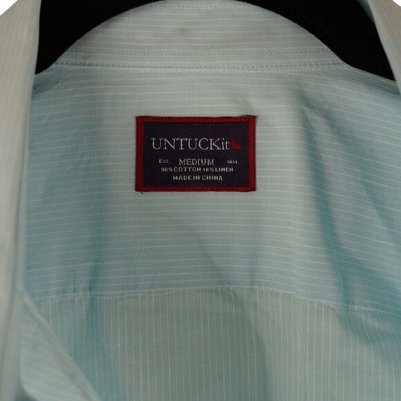 Mens Untuckit Piccolo M Light Blue Striped Button-Up Shirt 90% Cotton 10%‎ Linen - Picture 2 of 6
